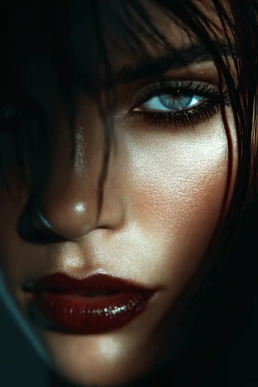 Gothic close up portrait with piercing blue spotlighted eyes