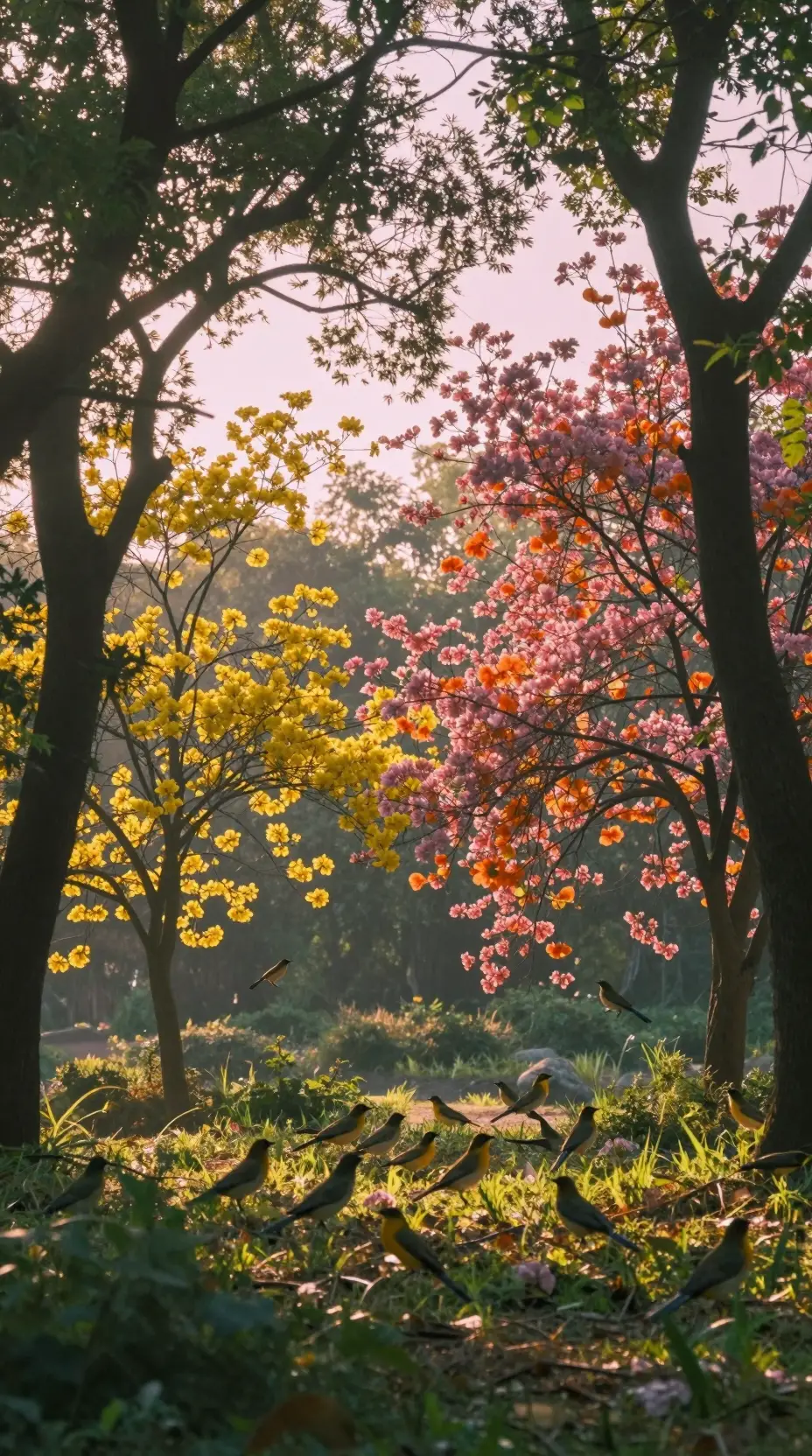 Peaceful forest at dawn with sunlight and blossoms