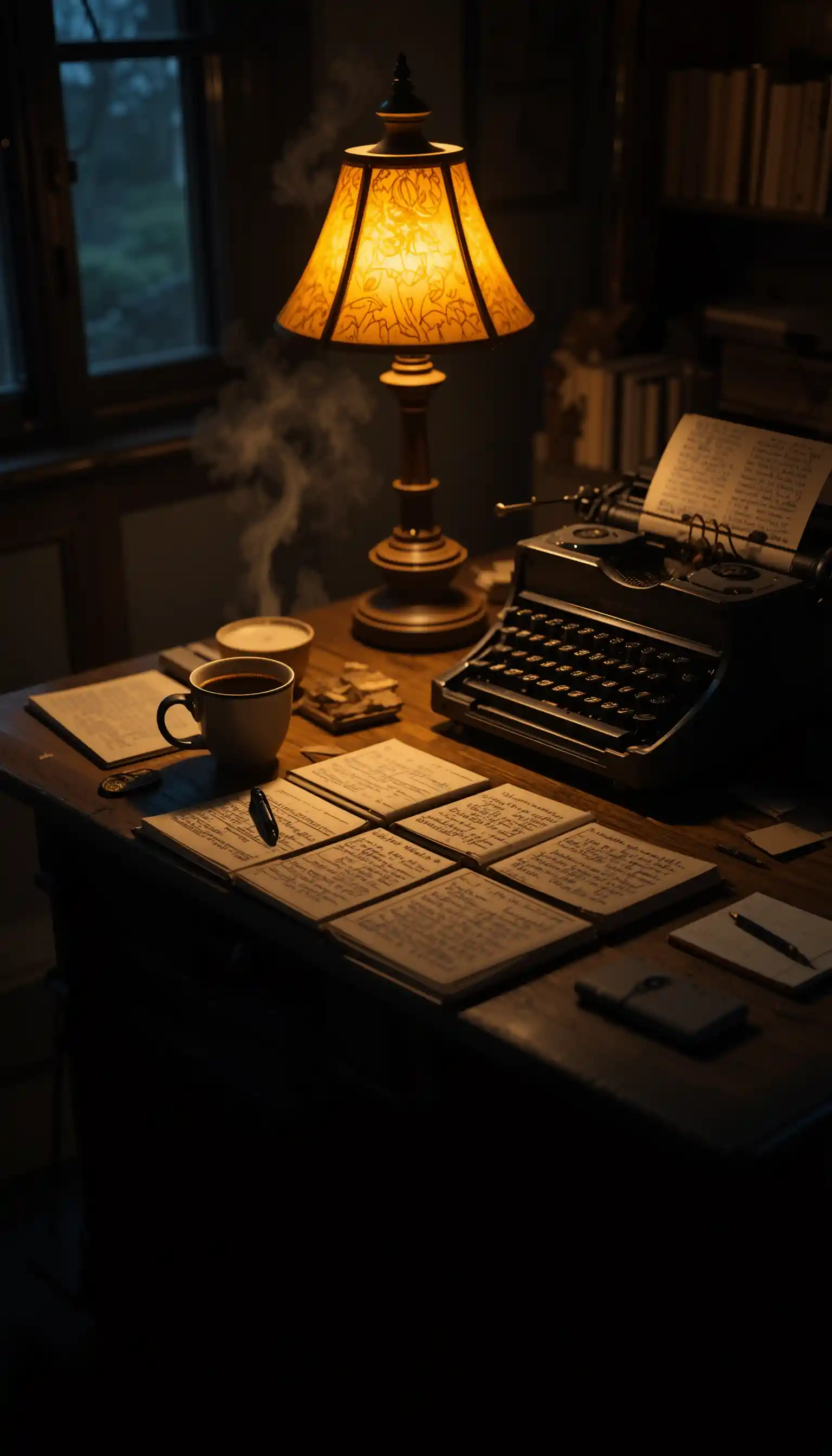 Cozy night writer desk with lamp and vintage typewriter