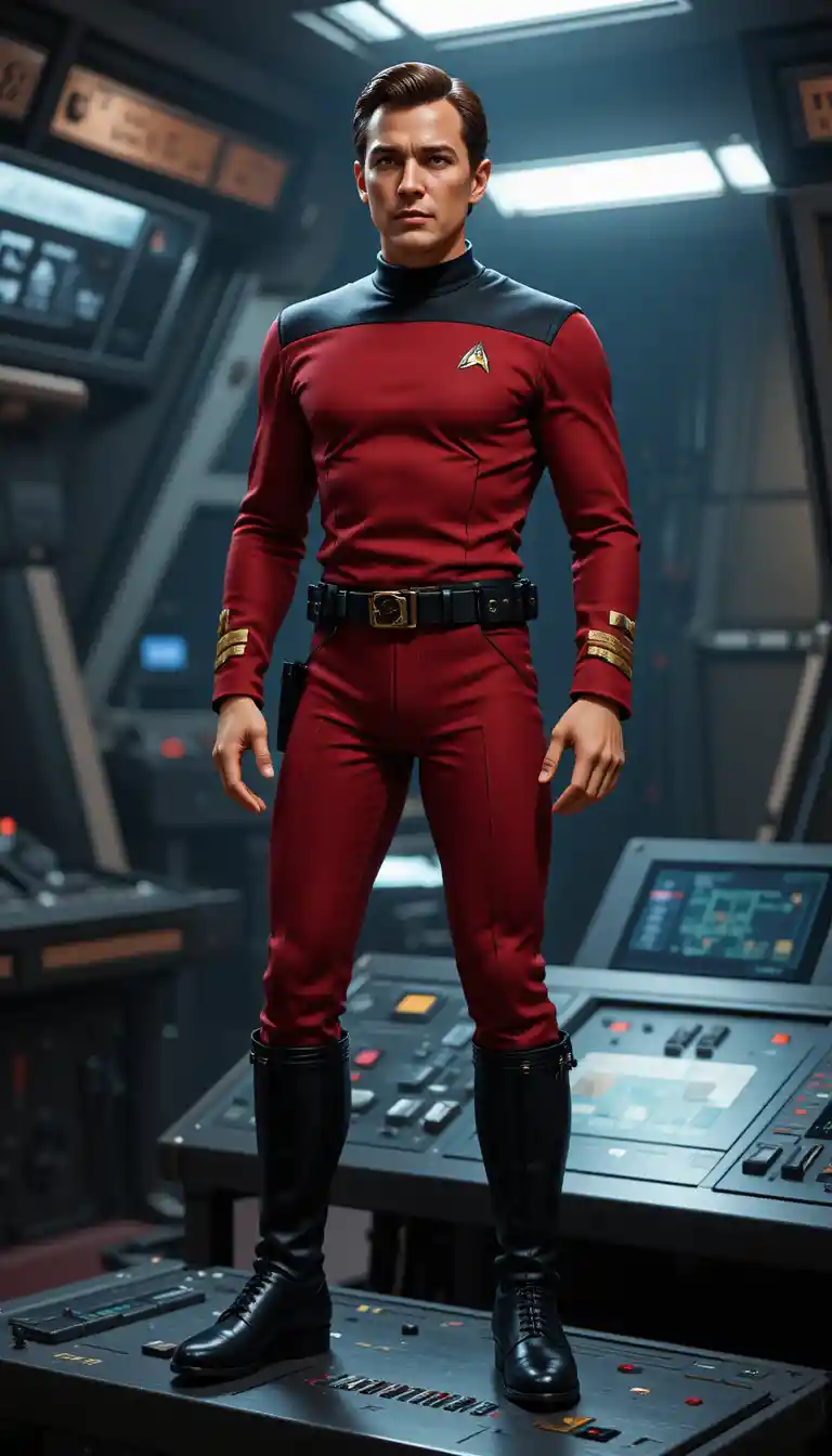 Serious man in red jumpsuit in dim sci fi control room