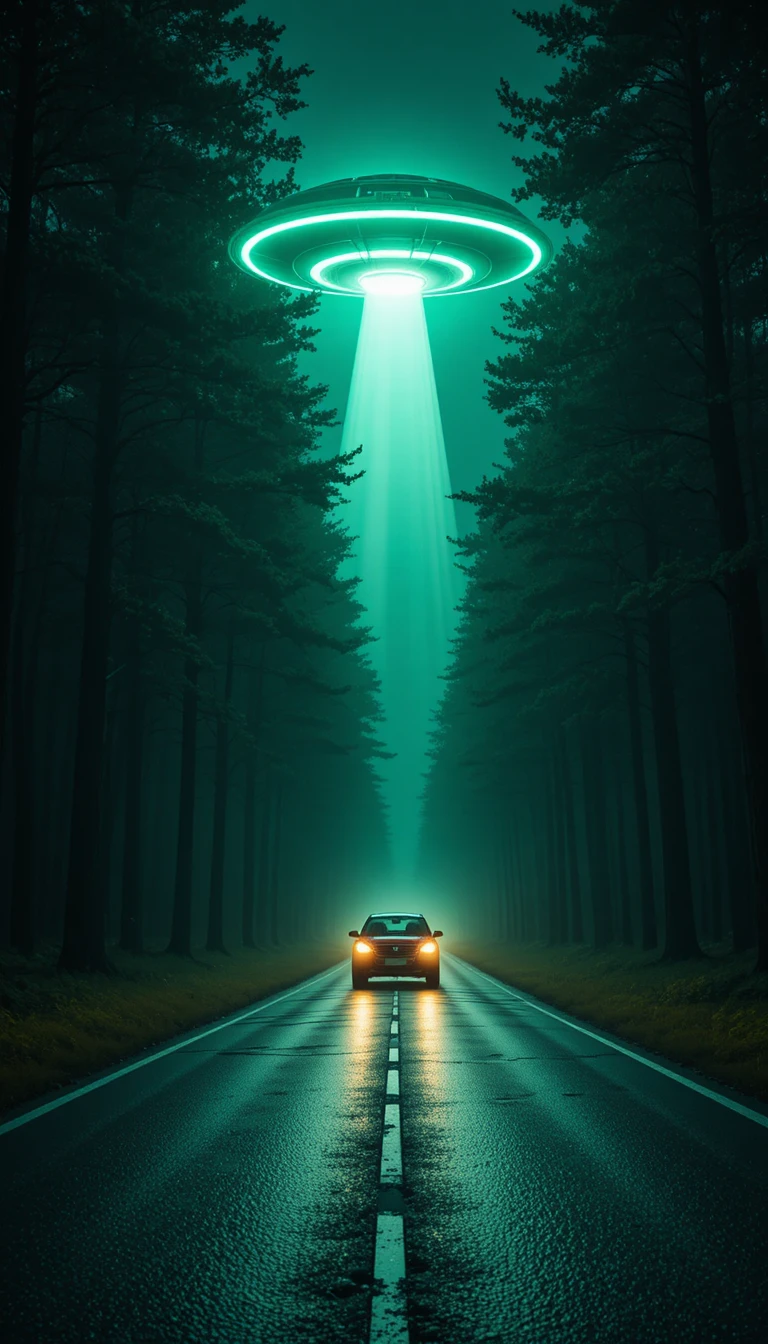 Auto auf nasser Waldstraße unter leuchtendem UFO