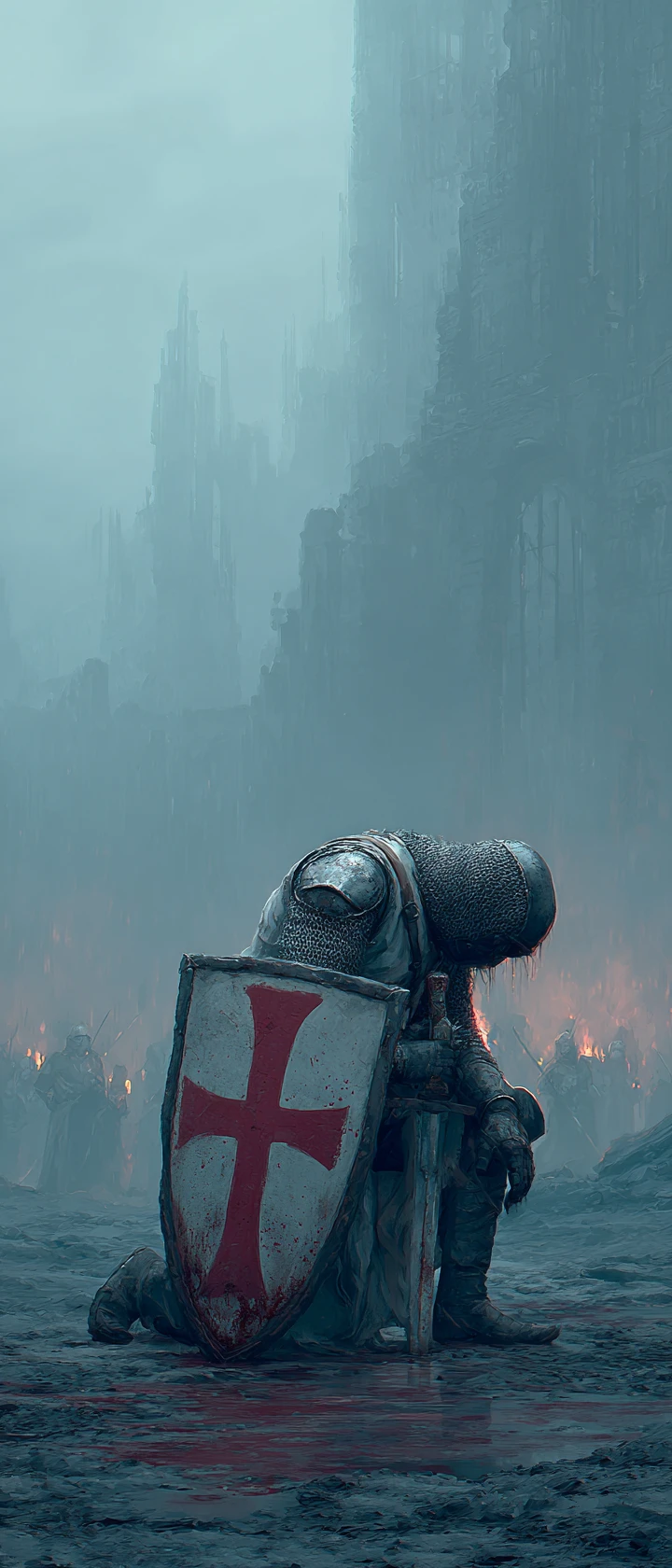 Cavaliere esausto appoggiato a uno scudo templare nella nebbia