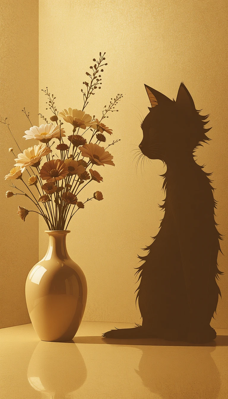 Minimalistische goldene Szene mit einer langen flauschigen Cartoon-Katze