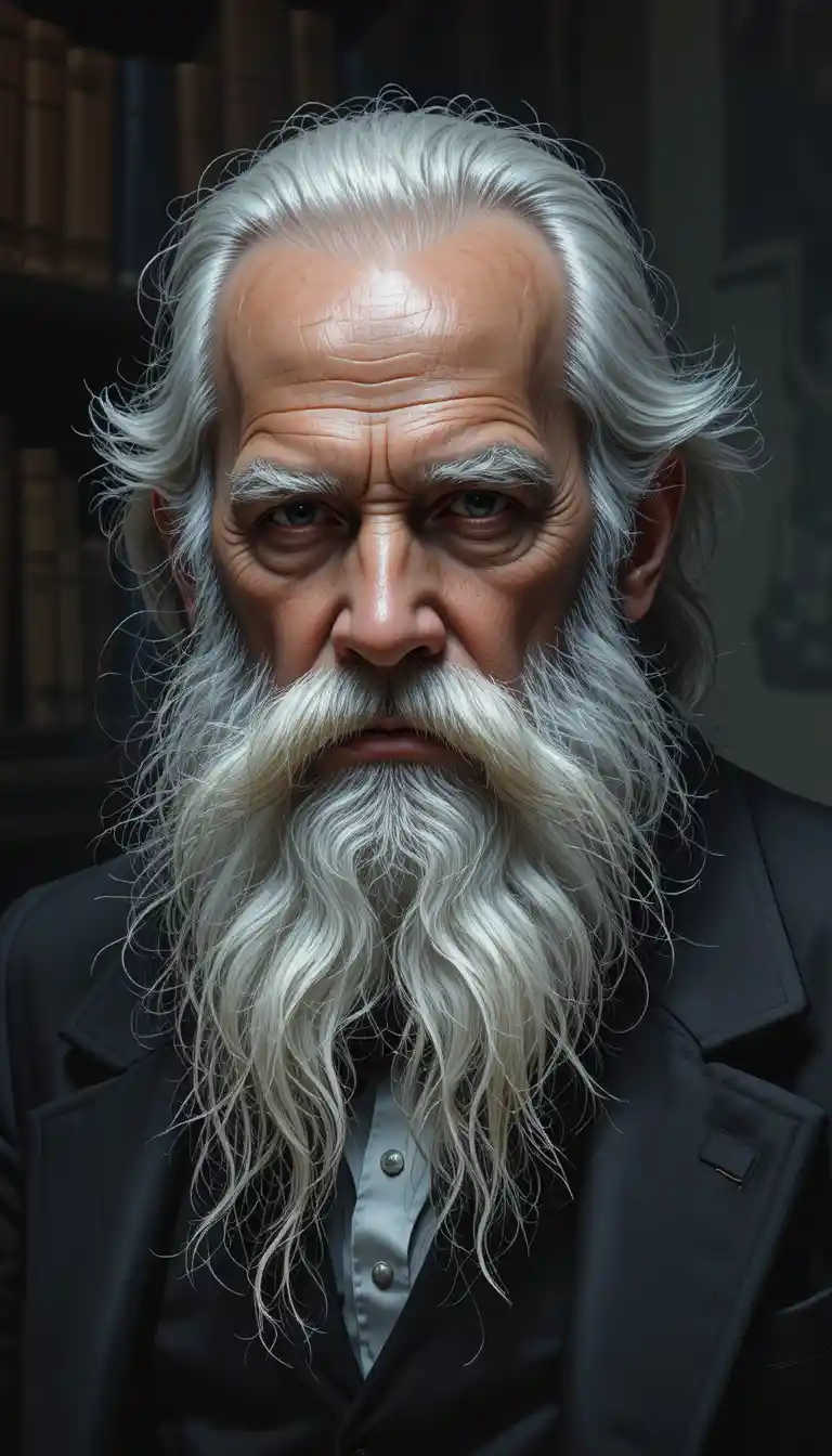 Elderly man in suit with beard in dim book lined background