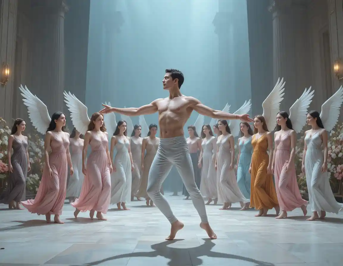 Choreographed angelic dance in a celestial stage setting