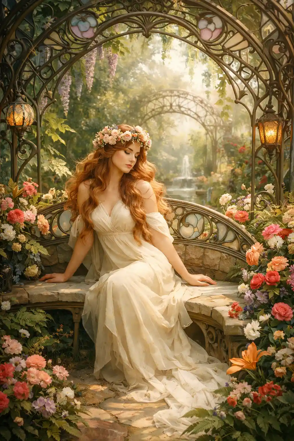 Woman with floral crown in a dreamy garden scene