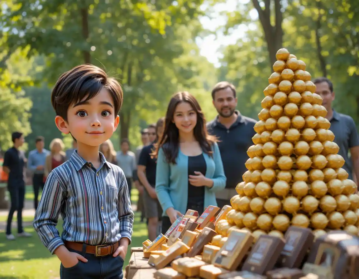 Ragazzo accanto a una piramide di cioccolato dorato a una festa al parco soleggiata