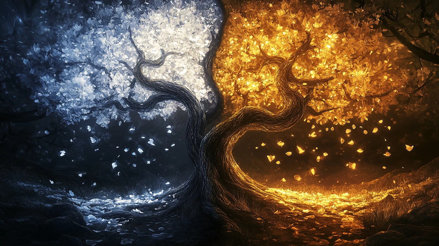 Yin-und-Yang-Bäume mit leuchtendem Licht und tiefem Schattenspiel