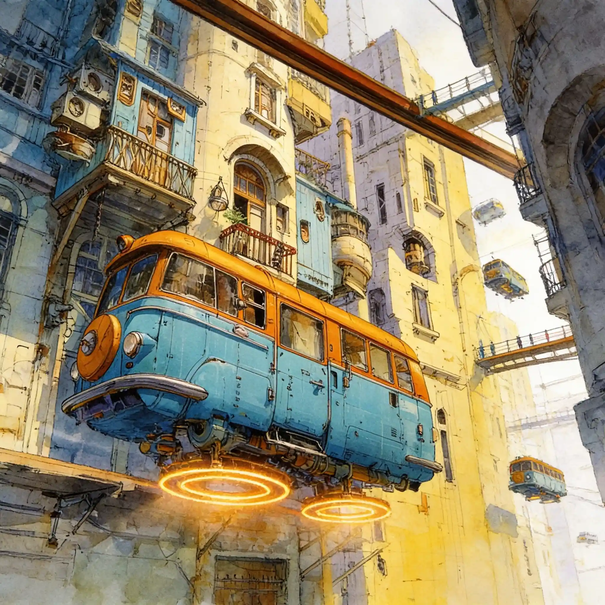 Minibus retrofuturista che scivola attraverso città sci-fi verticale