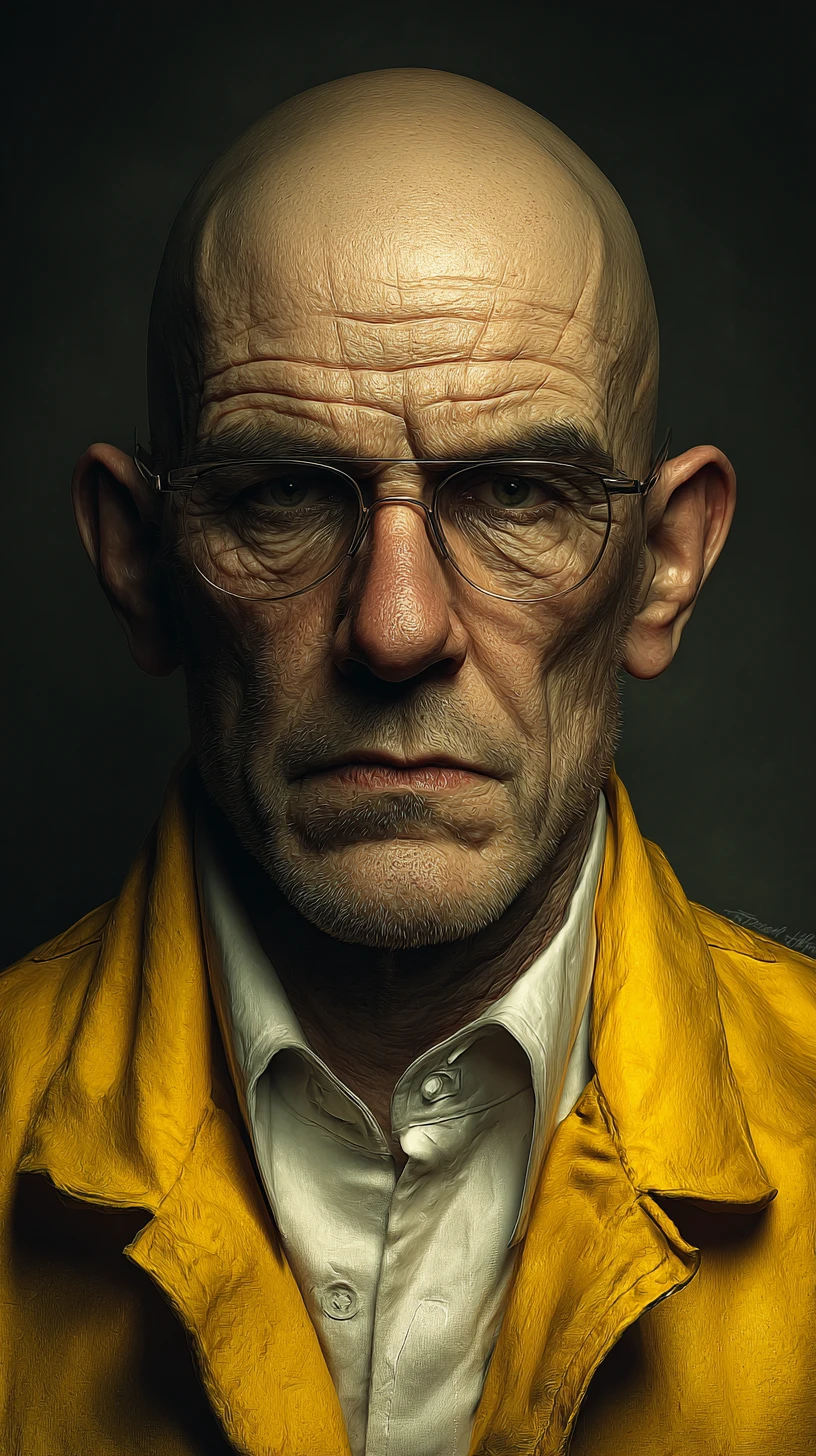 Bald man in yellow jacket portrait with dramatic lighting