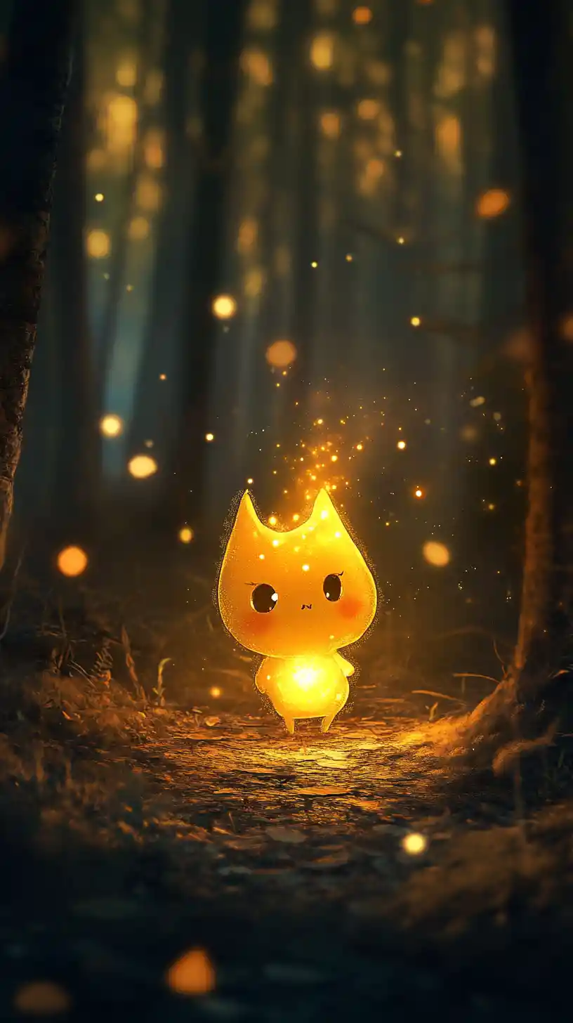 Glowing flame creature lighting a cozy dark forest