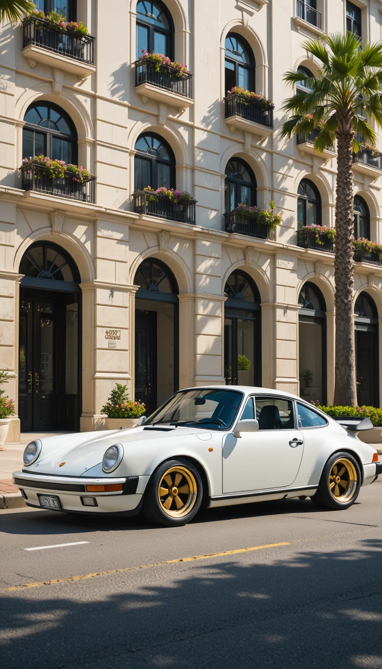 Auto sportiva bianca parcheggiata accanto a un elegante edificio cittadino