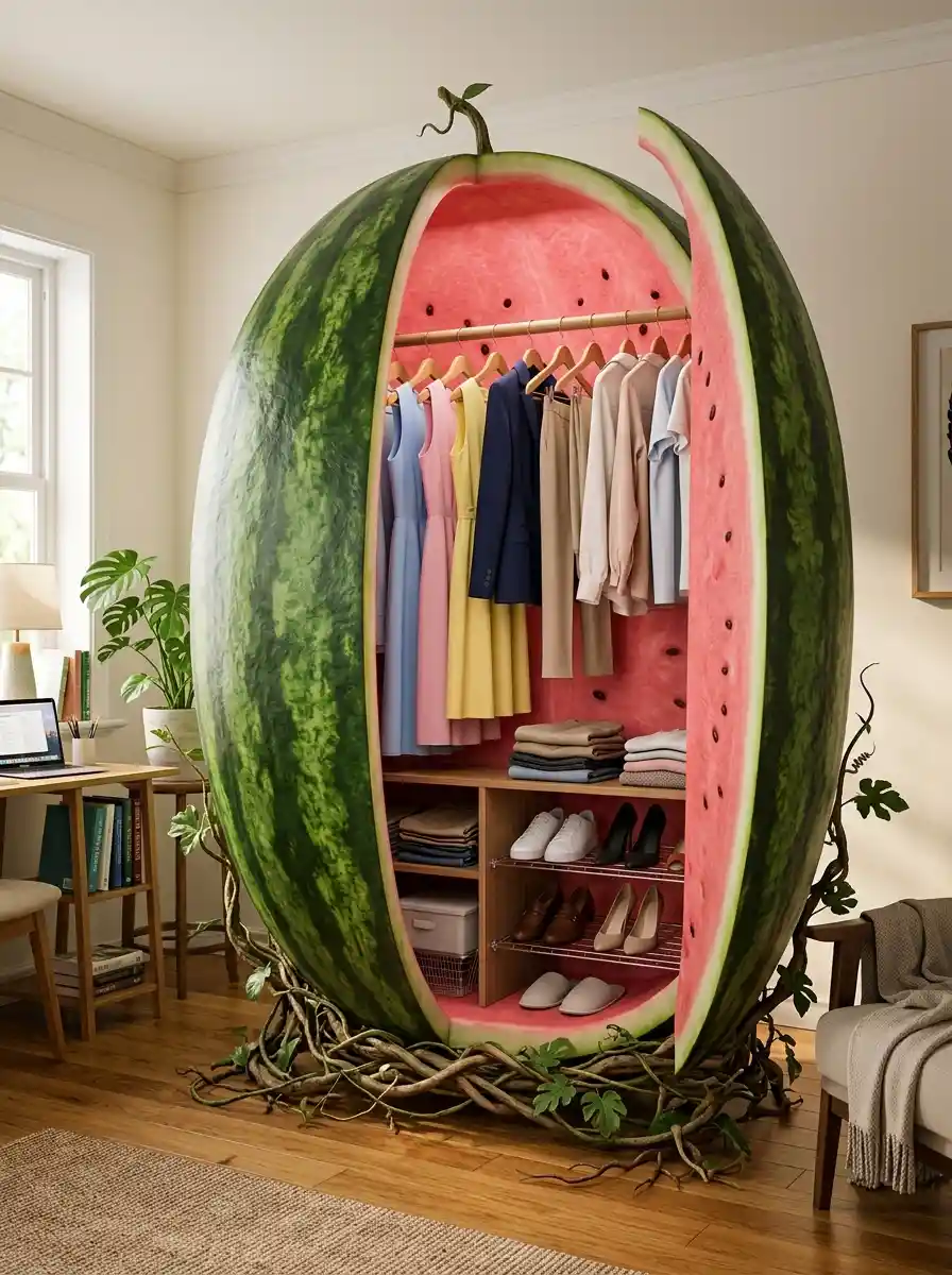 Eine große Wassermelone, die zu einem Kleiderschrank geschnitzt ist, gefüllt mit Kleidung und Schuhen in einem Wohnzimmer.