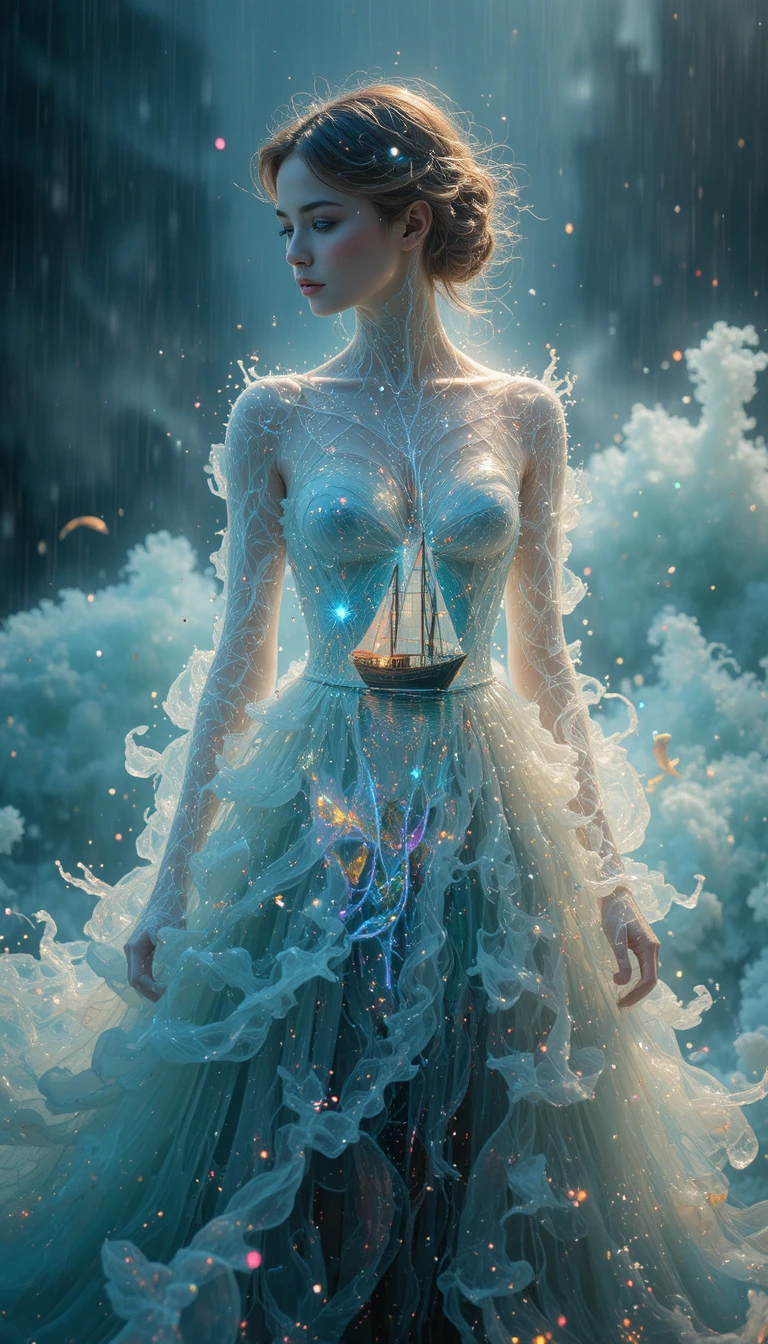 Ethereal water woman glowing with mist and sea light