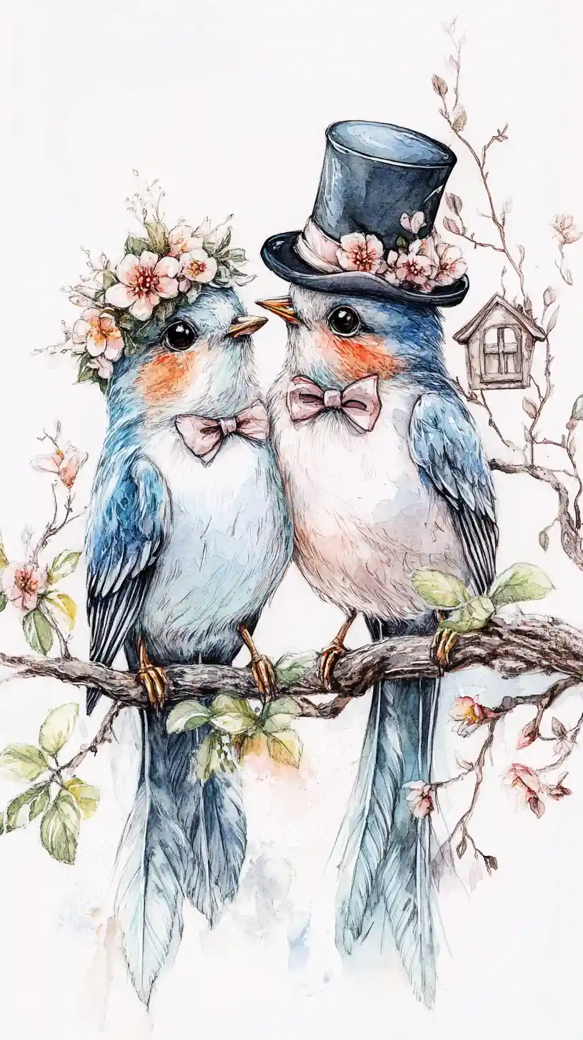 Anthropomorphic bird bride and groom on a blossoming branch
