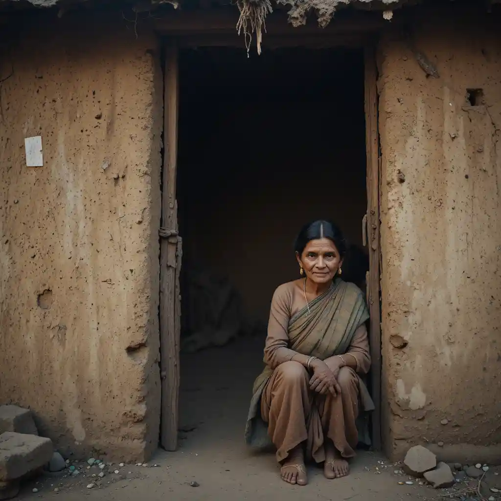 Elderly grandmother and granddaughter outside a rural mud house