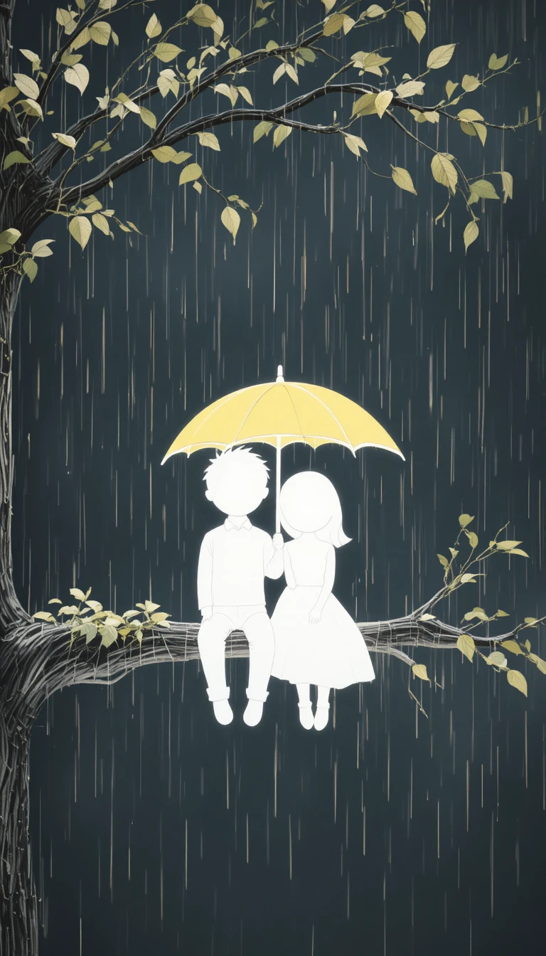 黃傘下雨中樹枝上的素描情侶