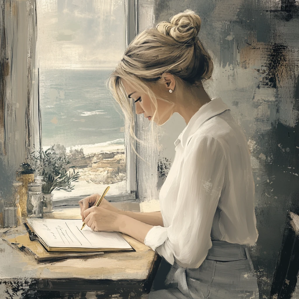 Femme blonde écrivant à un bureau en bois face à la mer