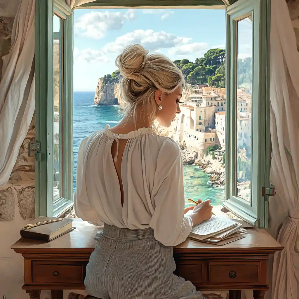 Donna bionda che scrive a una scrivania di legno sul mare