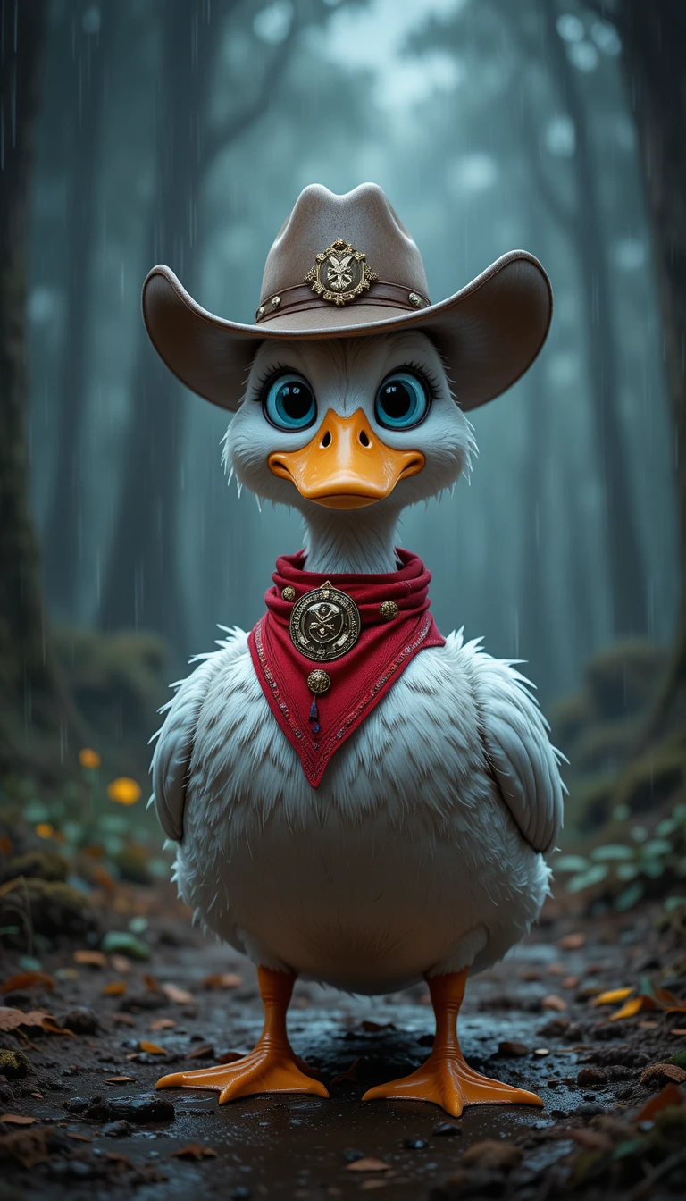 Maestosa anatra con cappello da cowboy sotto la pioggia in una foresta oscura