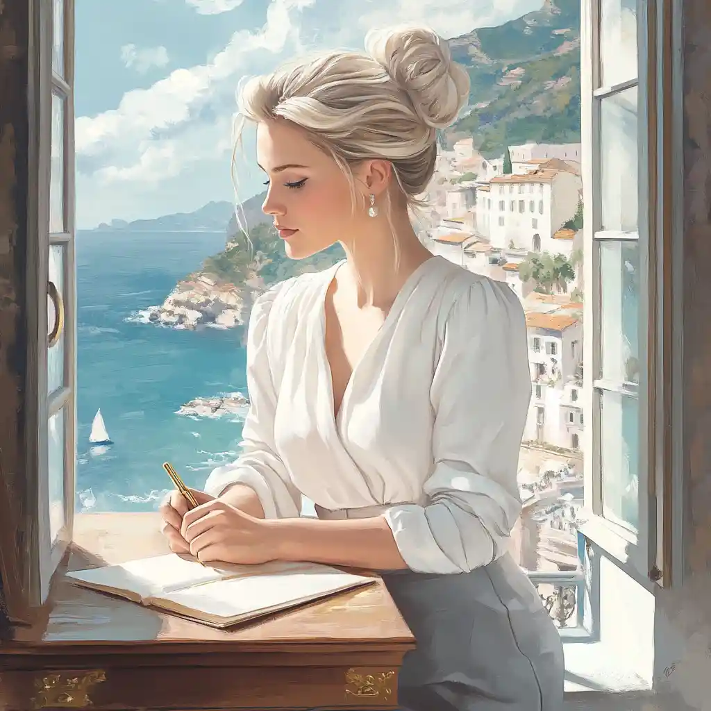 Romantic illustration of a woman writing by a coastal window