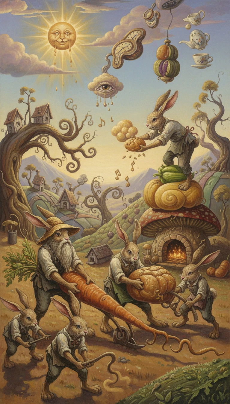 Rabbits As Peasants In A Sunny Countryside Scene