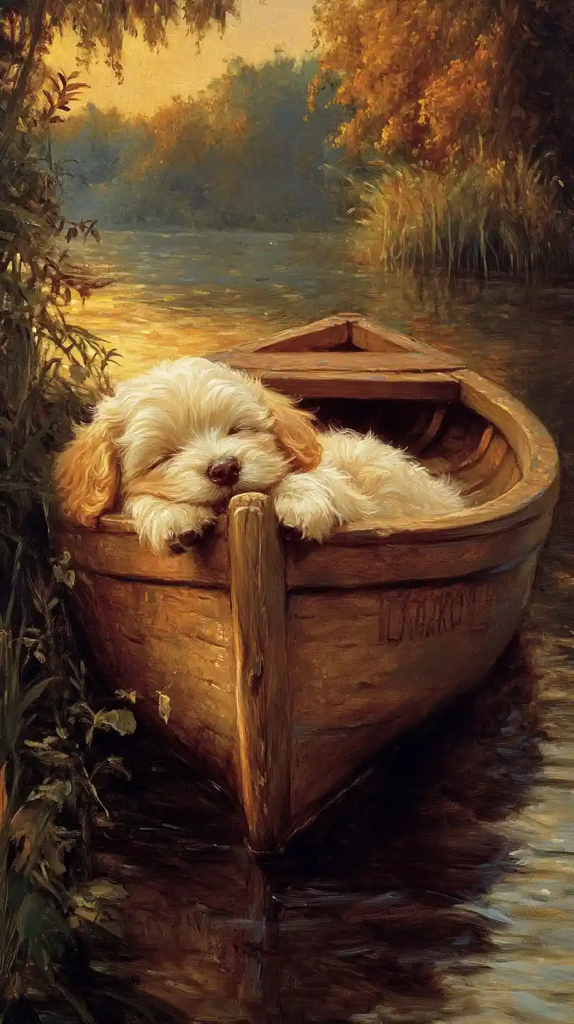 Sleepy puppy in a wooden boat by a misty riverbank