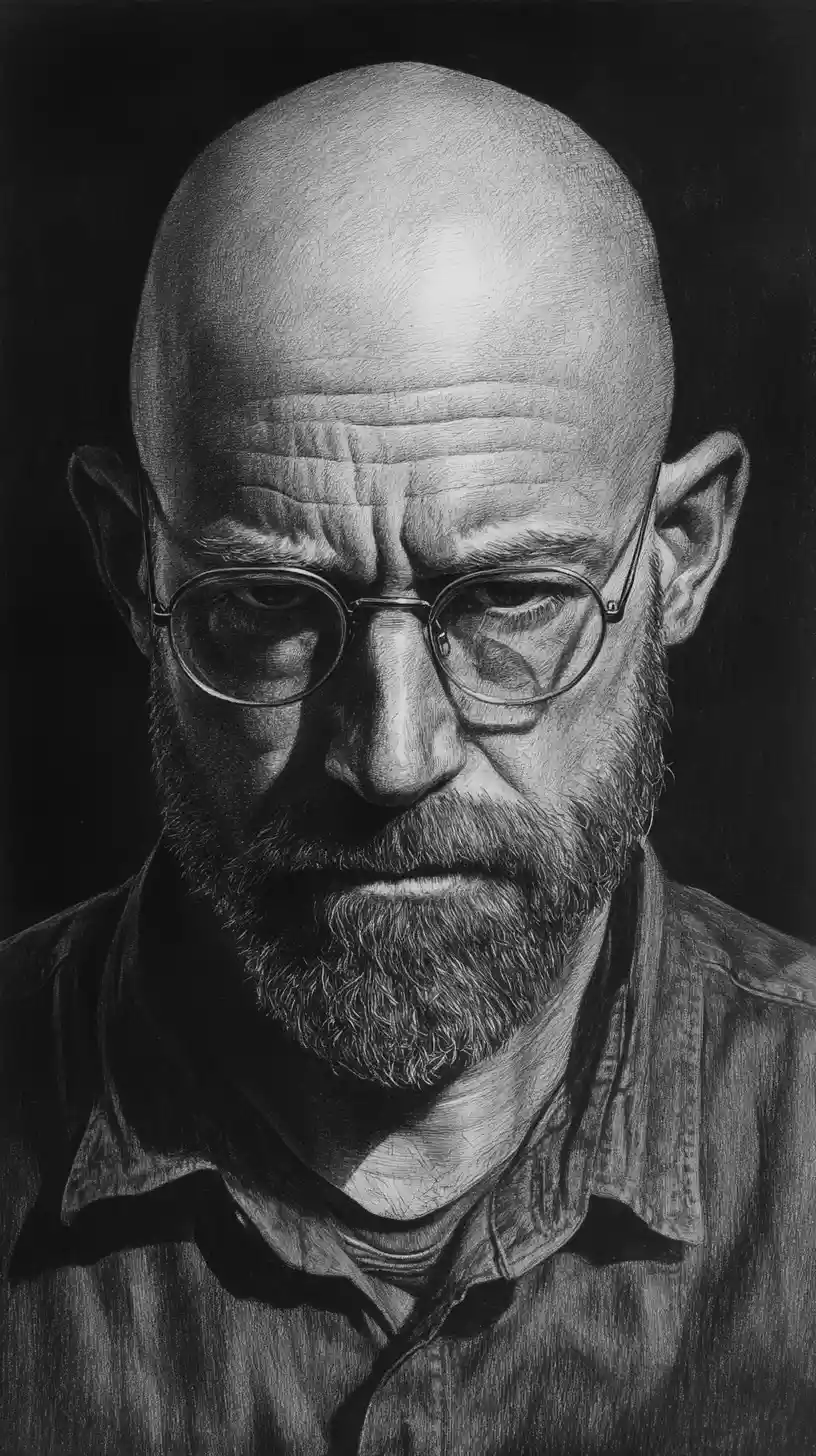 Graphite portrait of a bald man in quiet intense focus