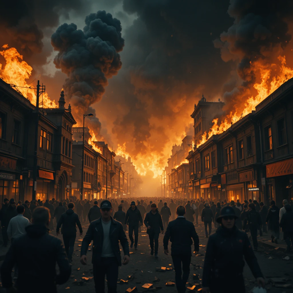 Panicked crowd running through burning city streets at night