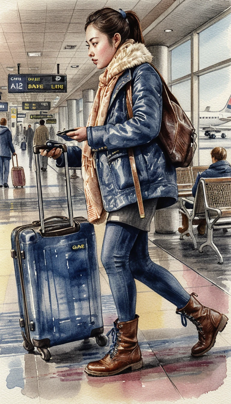 Asian woman with luggage walking through busy airport terminal