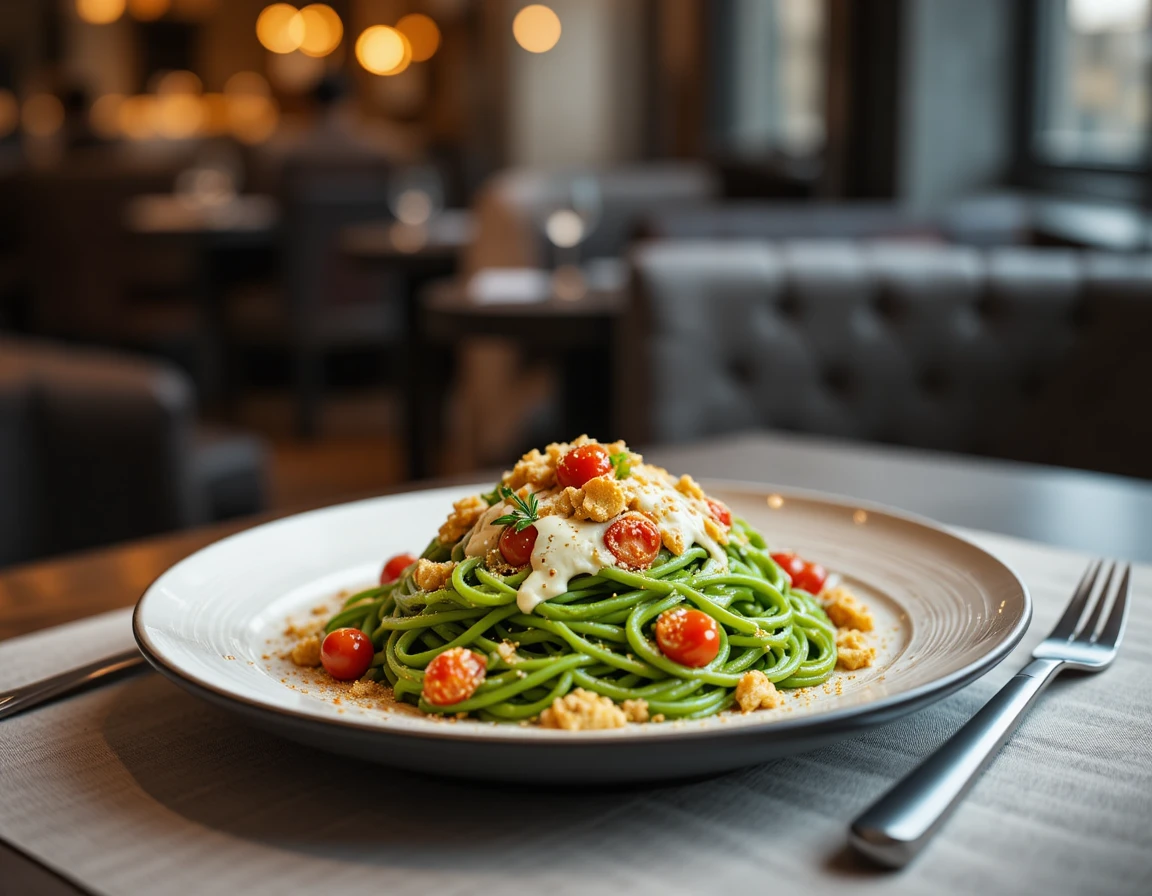 Pasta verde gourmet con pomodori in un ristorante chic
