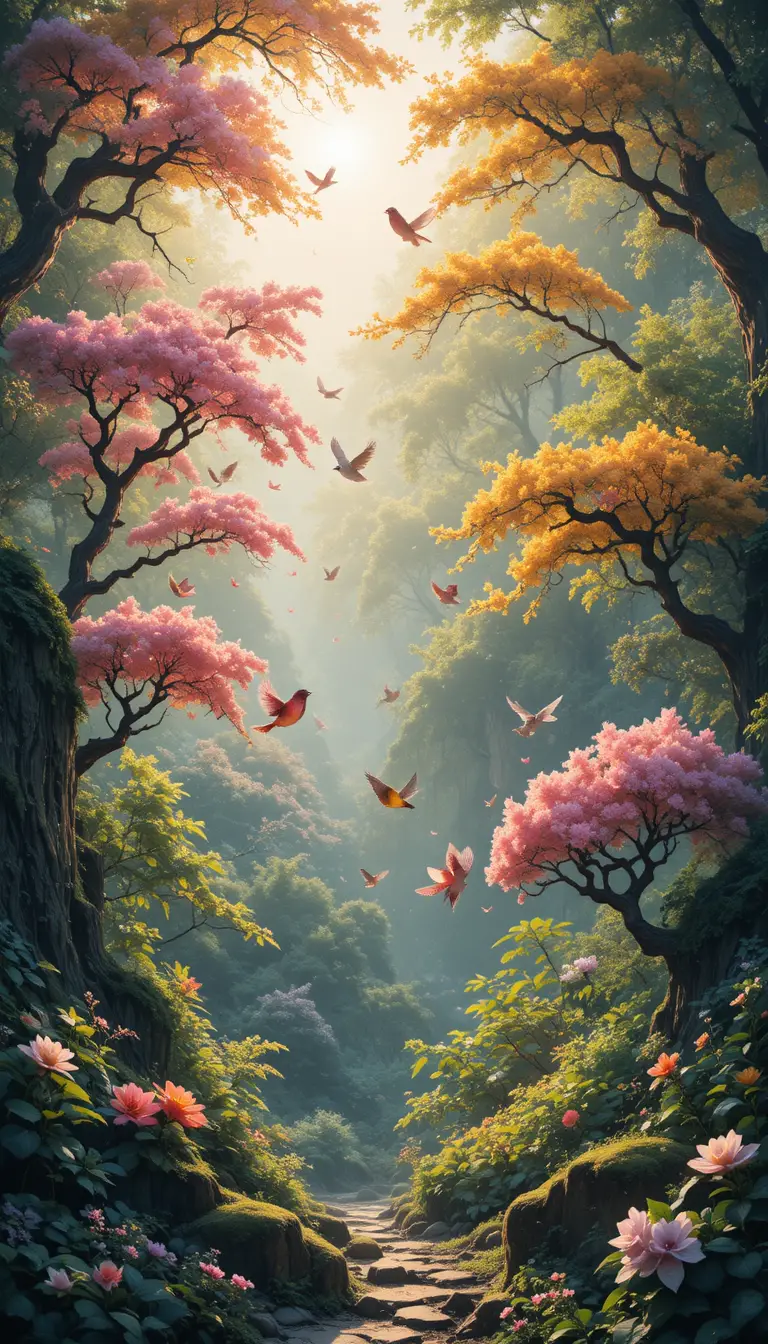 Sunlit forest at dawn with blooming colorful trees