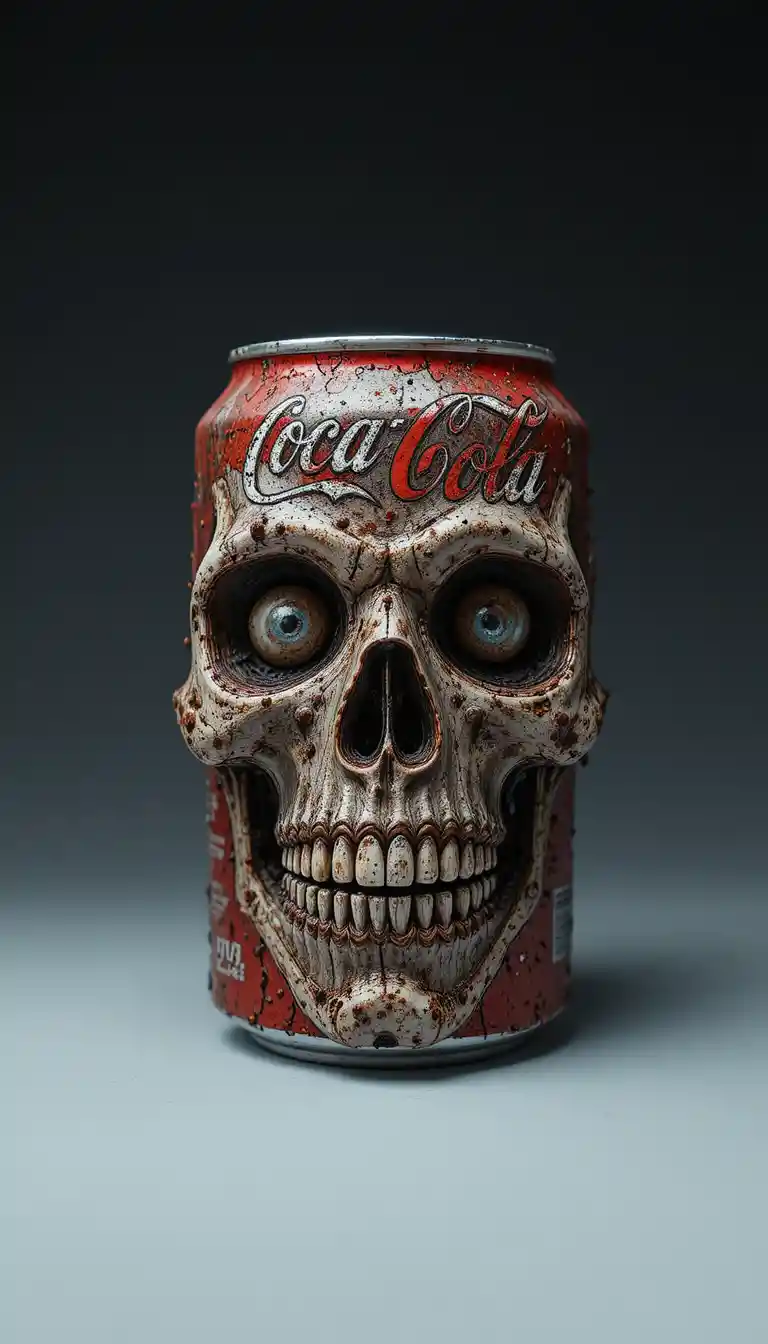 Rusty soda can skull with bold white branding