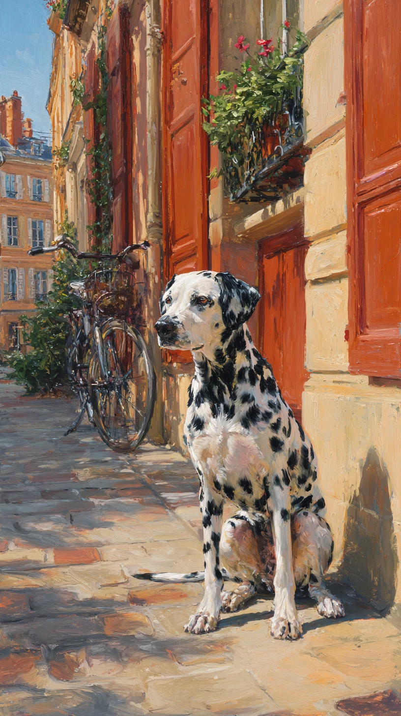 Dalmatian on a Parisian sidewalk in warm afternoon light