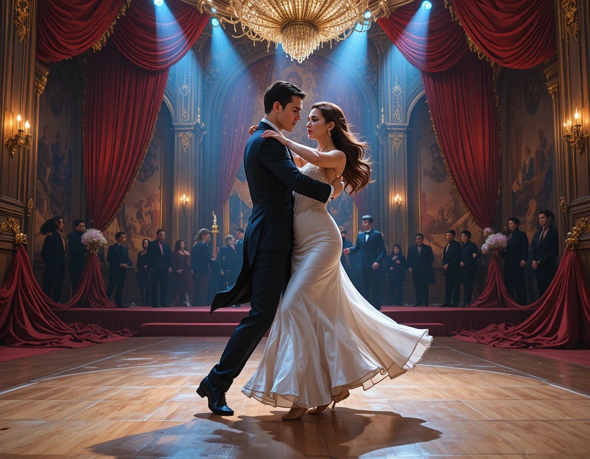 Elegant couple dancing tango on a luxurious gala stage
