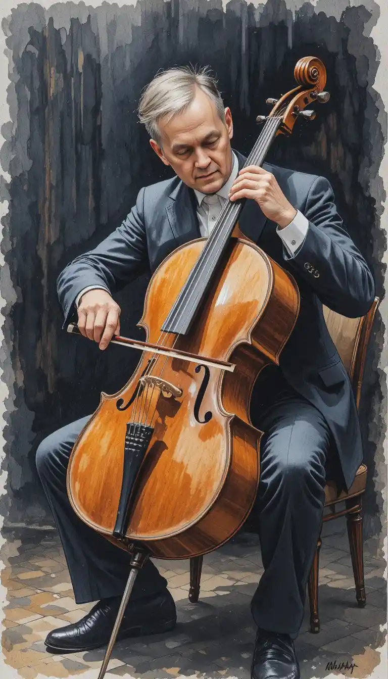 Cellist im dunklen Anzug spielt hölzernes Cello auf der Bühne