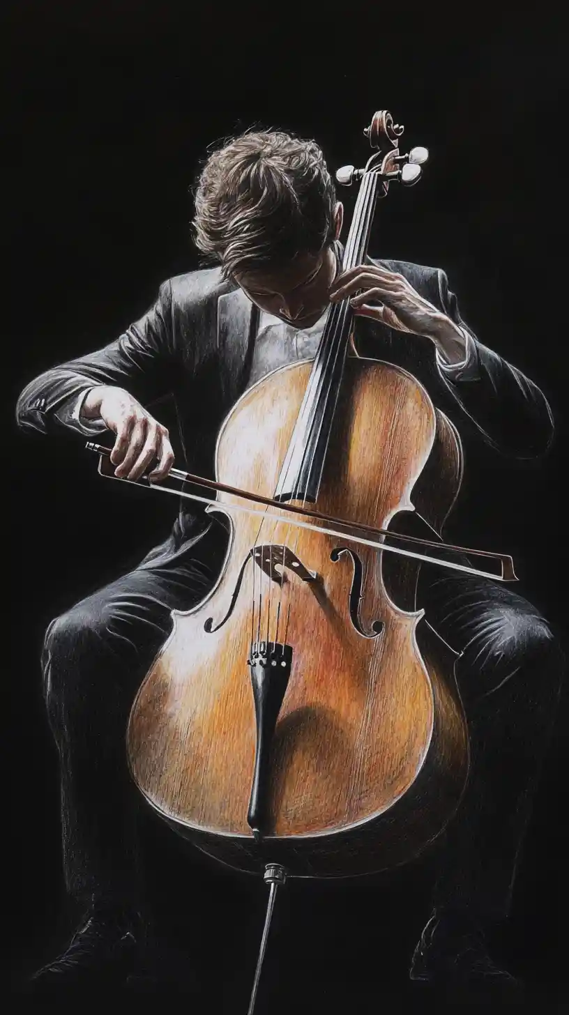Violoncellista in abito scuro che suona un violoncello di legno