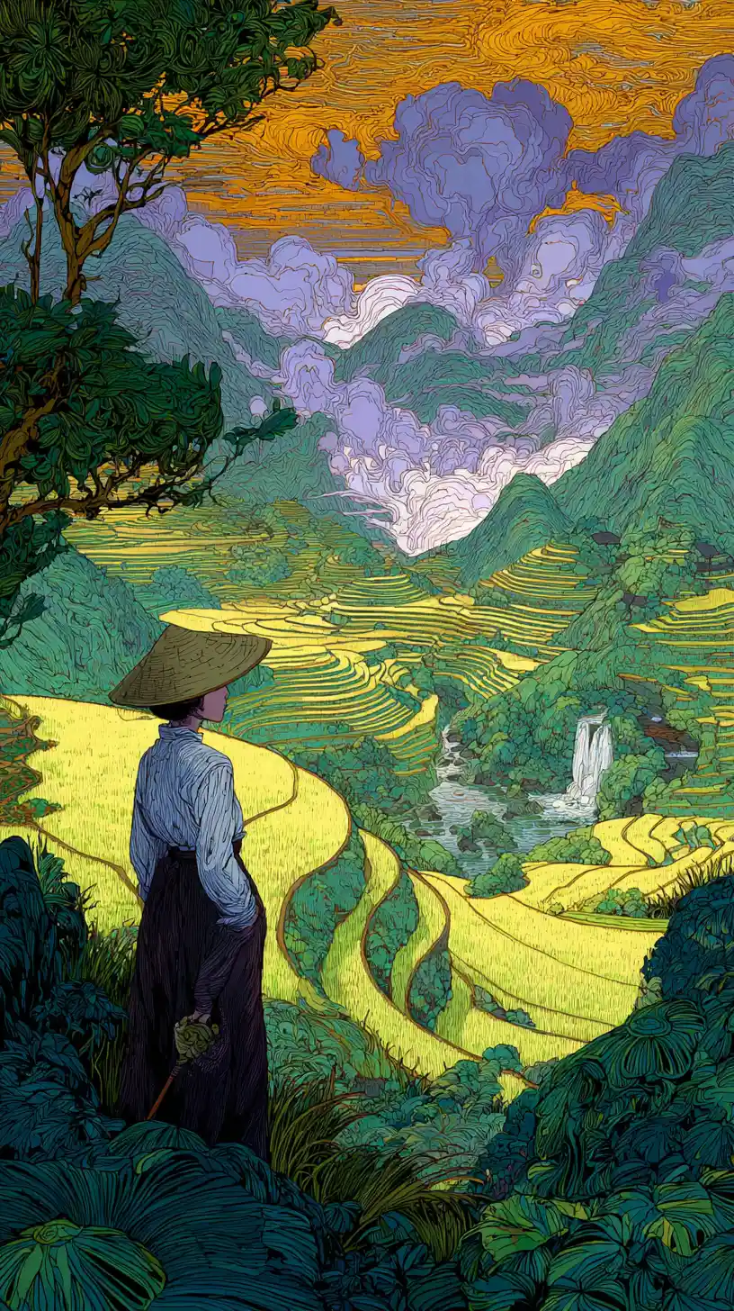 Vietnamese girl in rice fields at twilight