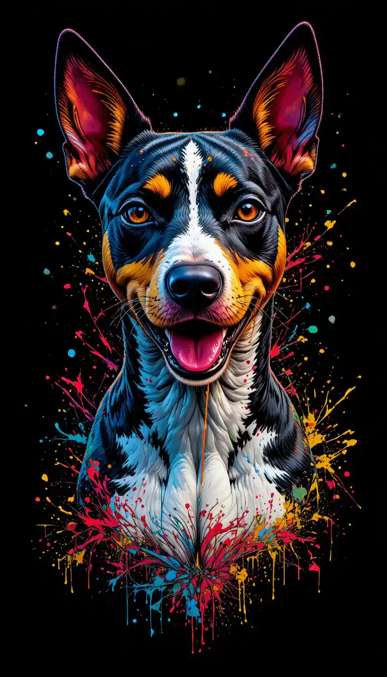 Color splashed basenji dog portrait on black background