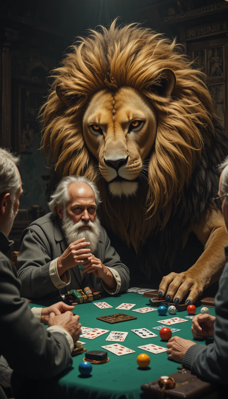 Old man playing cards against a focused lion