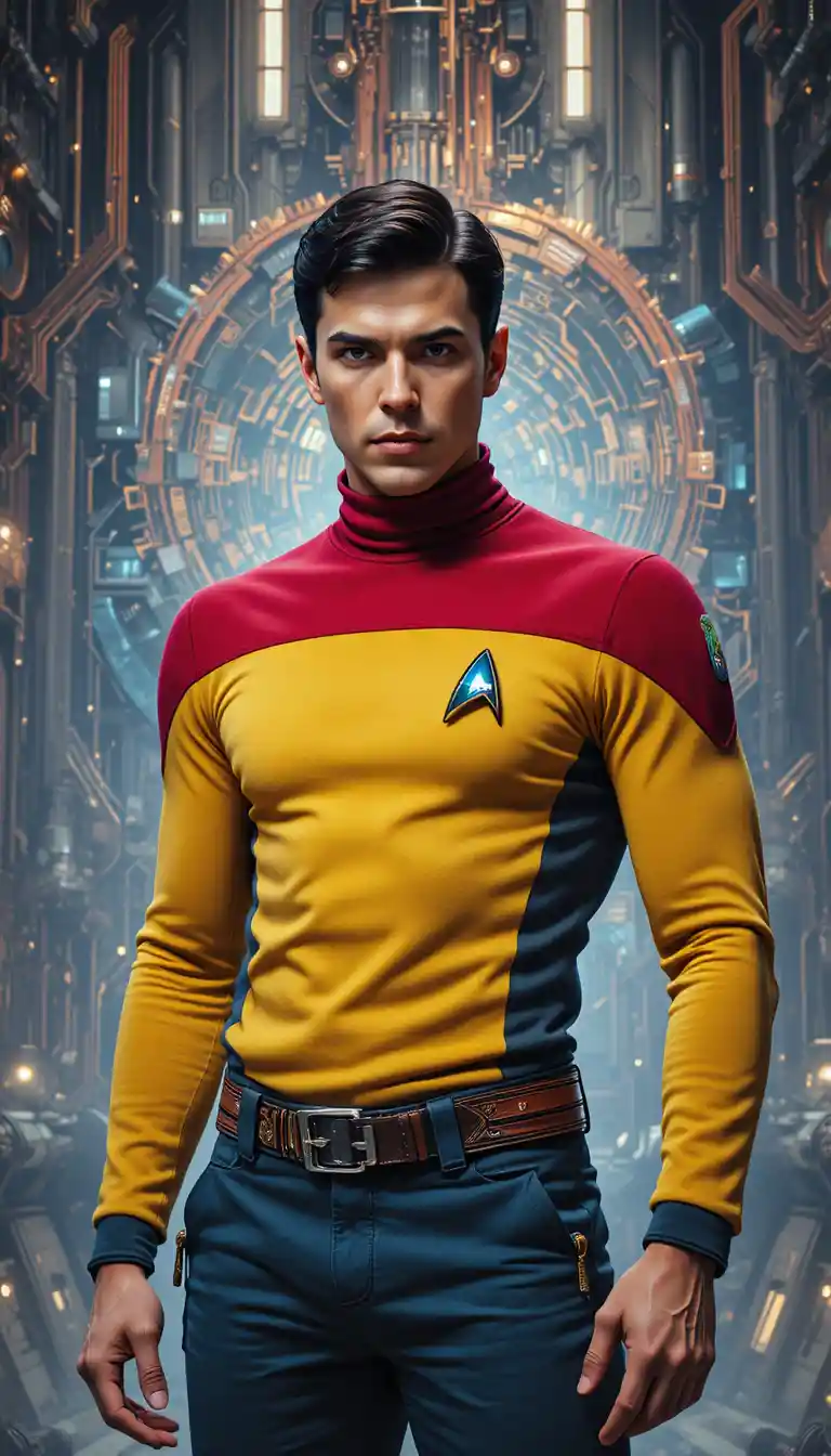 Uomo serio di fantascienza in uniforme con sfondo futuristico