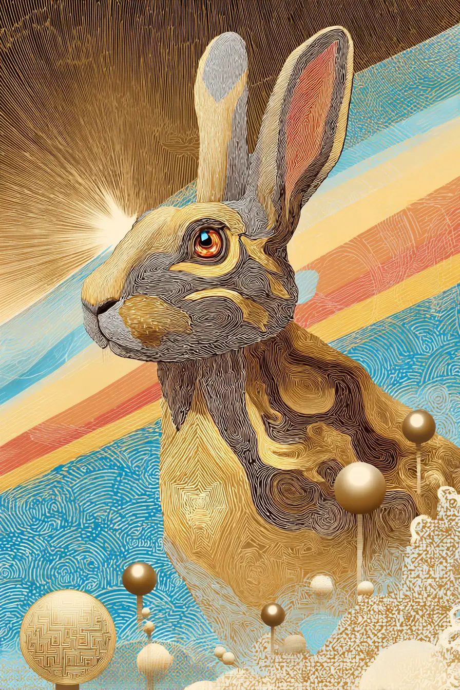 Golden patterned rabbit in abstract rainbow dreamscape