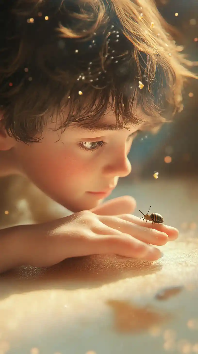Jeune garçon observant un minuscule escargot dans une lumière douce