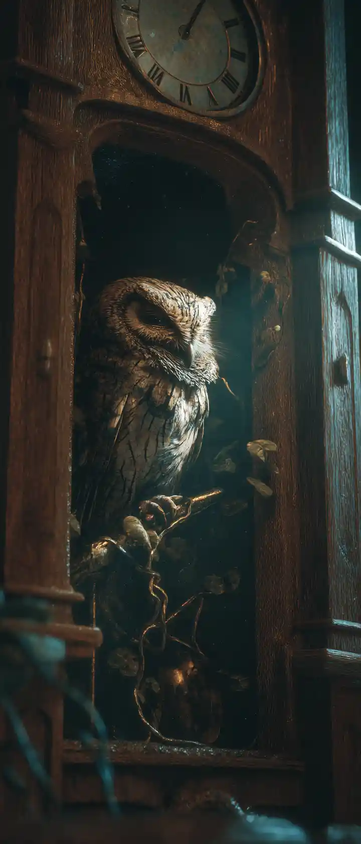 Sleeping owl inside an old cracked grandfather clock
