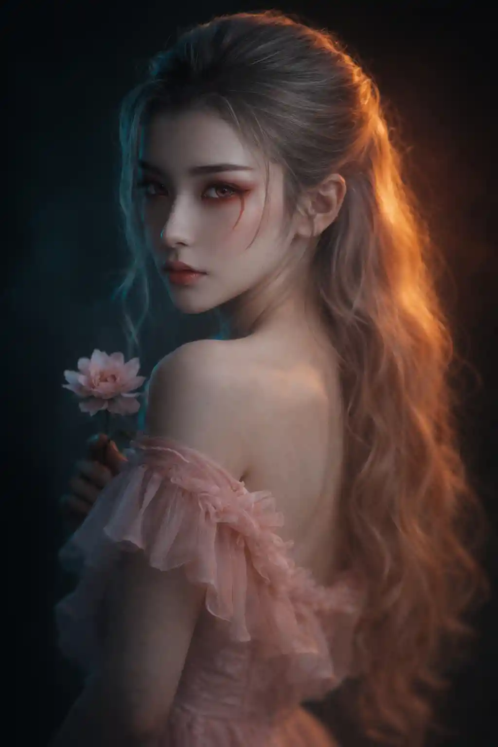 Young woman in pastel gown with cinematic studio lighting