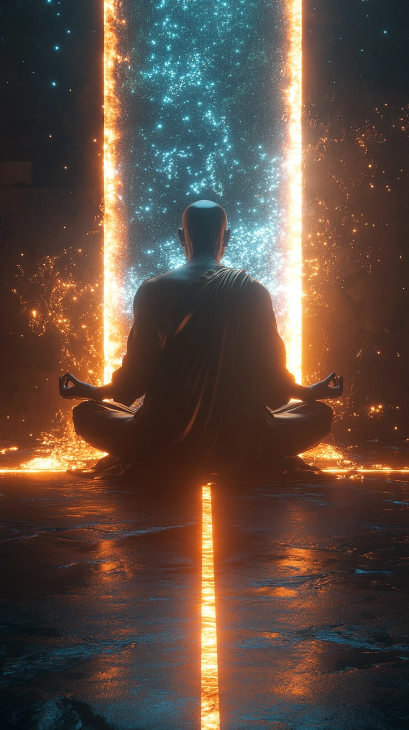 Monaco in meditazione in un mondo surreale diviso tra luce e ombra