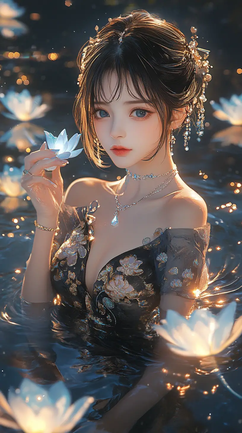 Élégante femme anime en qipao noir près d’un lotus lumineux