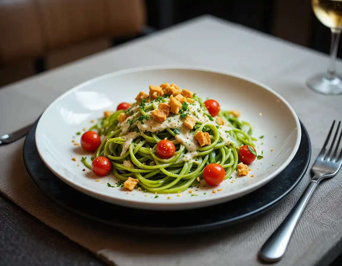 Green pasta with cherry tomatoes in elegant restaurant setting