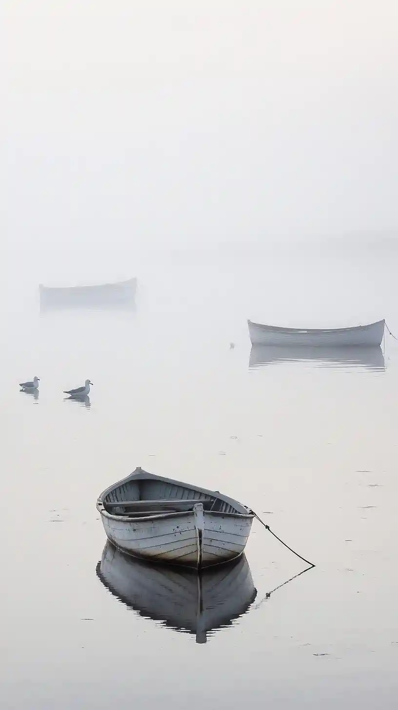 Piccole barche da pesca che derivano silenziose sulle acque nebbiose del mattino