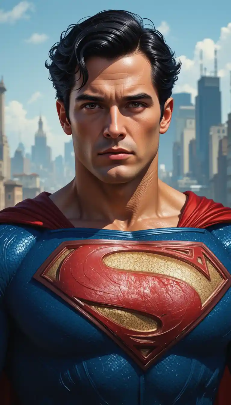 Superhero portrait against a blurred cityscape background
